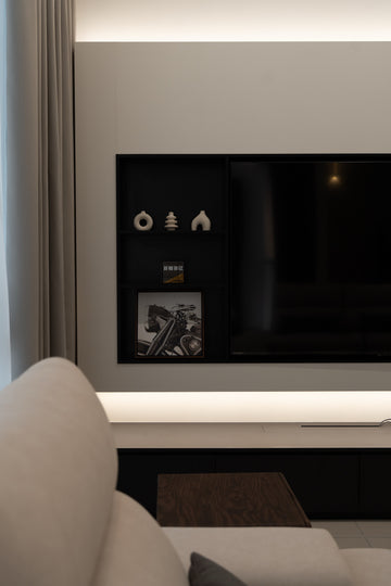 TV wall display niche detail with backlit console, Dahlia Bukit Puchong