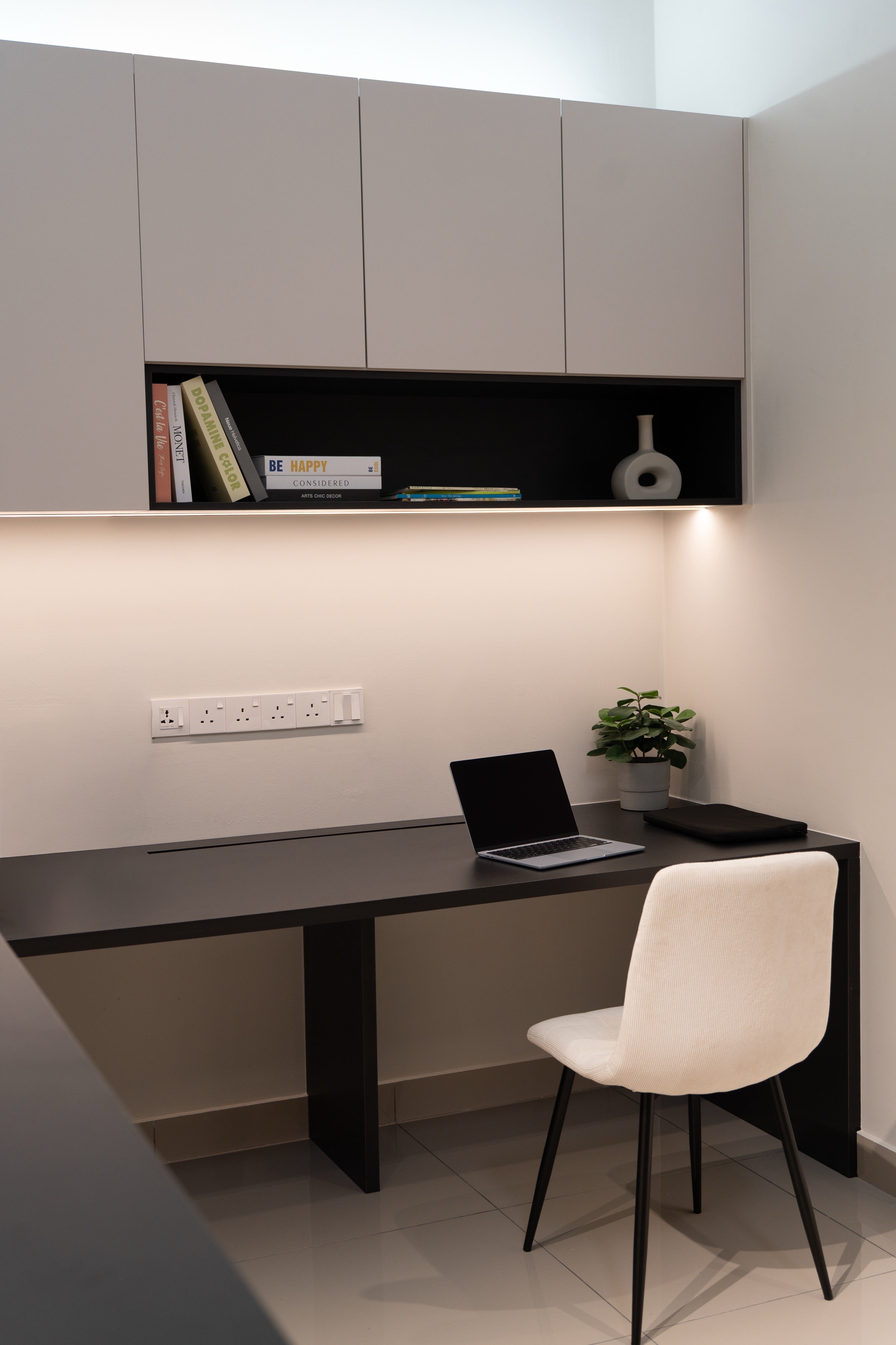 Study desk with overhead cabinets and lit open shelf, Dahlia Bukit Puchong