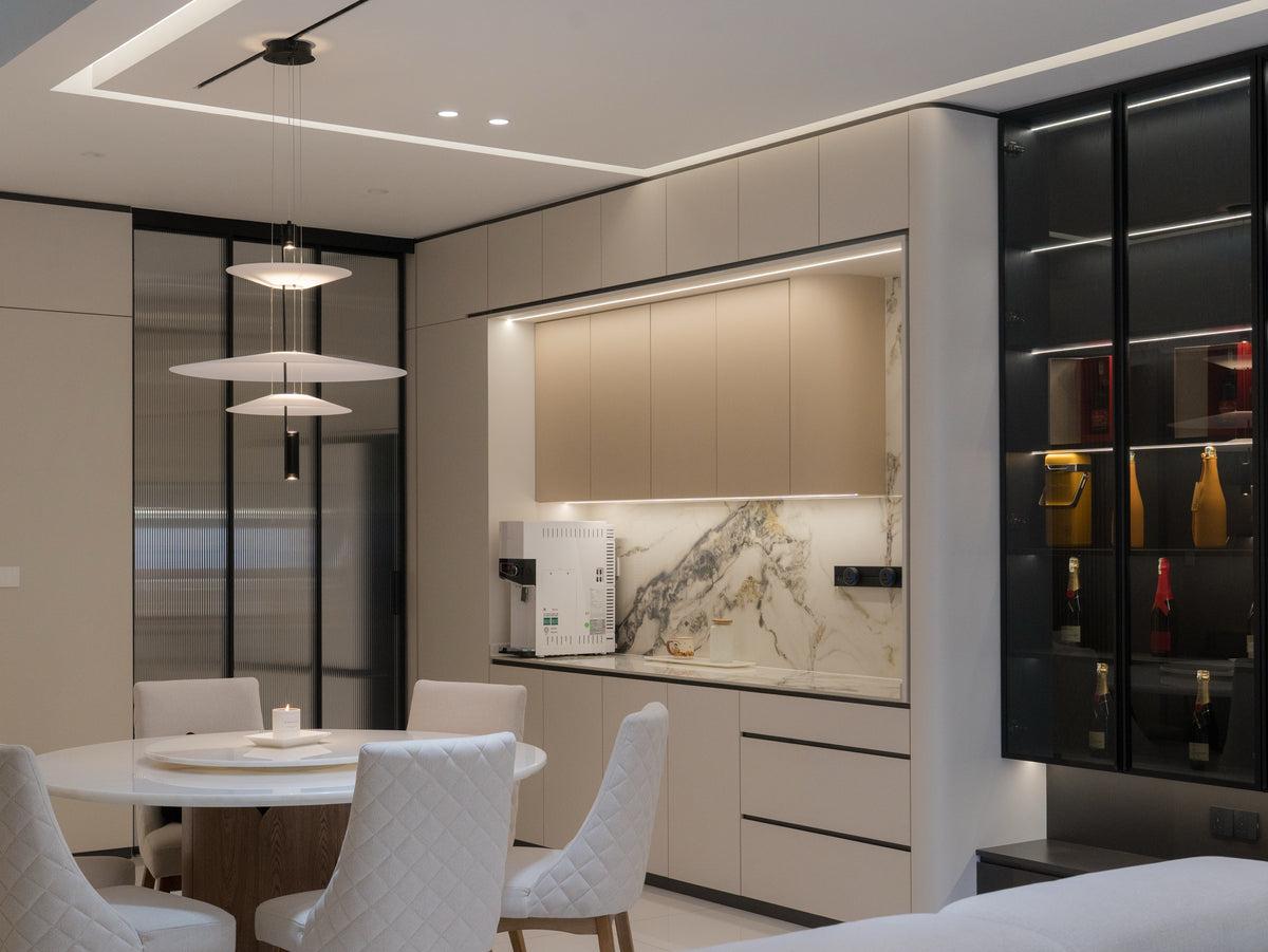 Dry kitchen and dining with custom cabinets and wine display