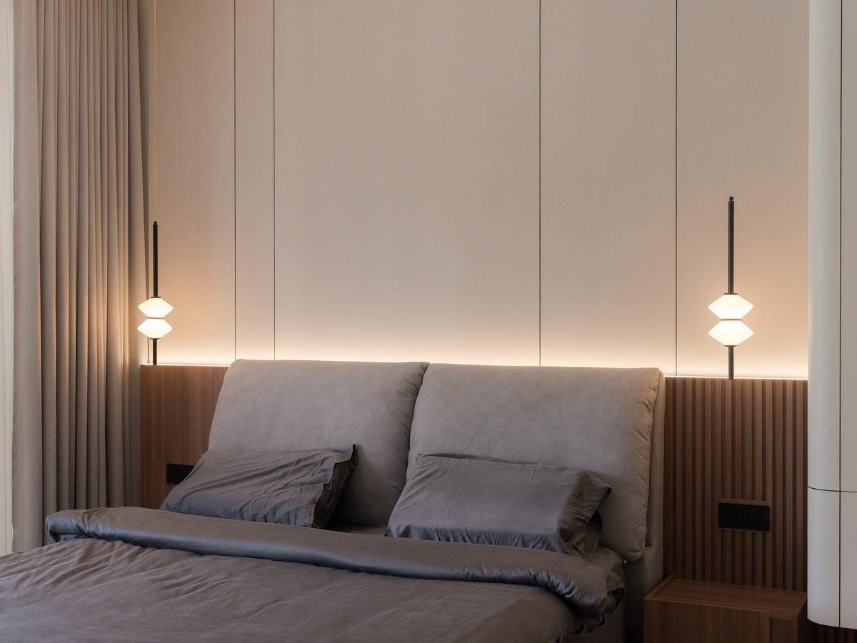 Master bedroom with bedhead panel and cove lighting