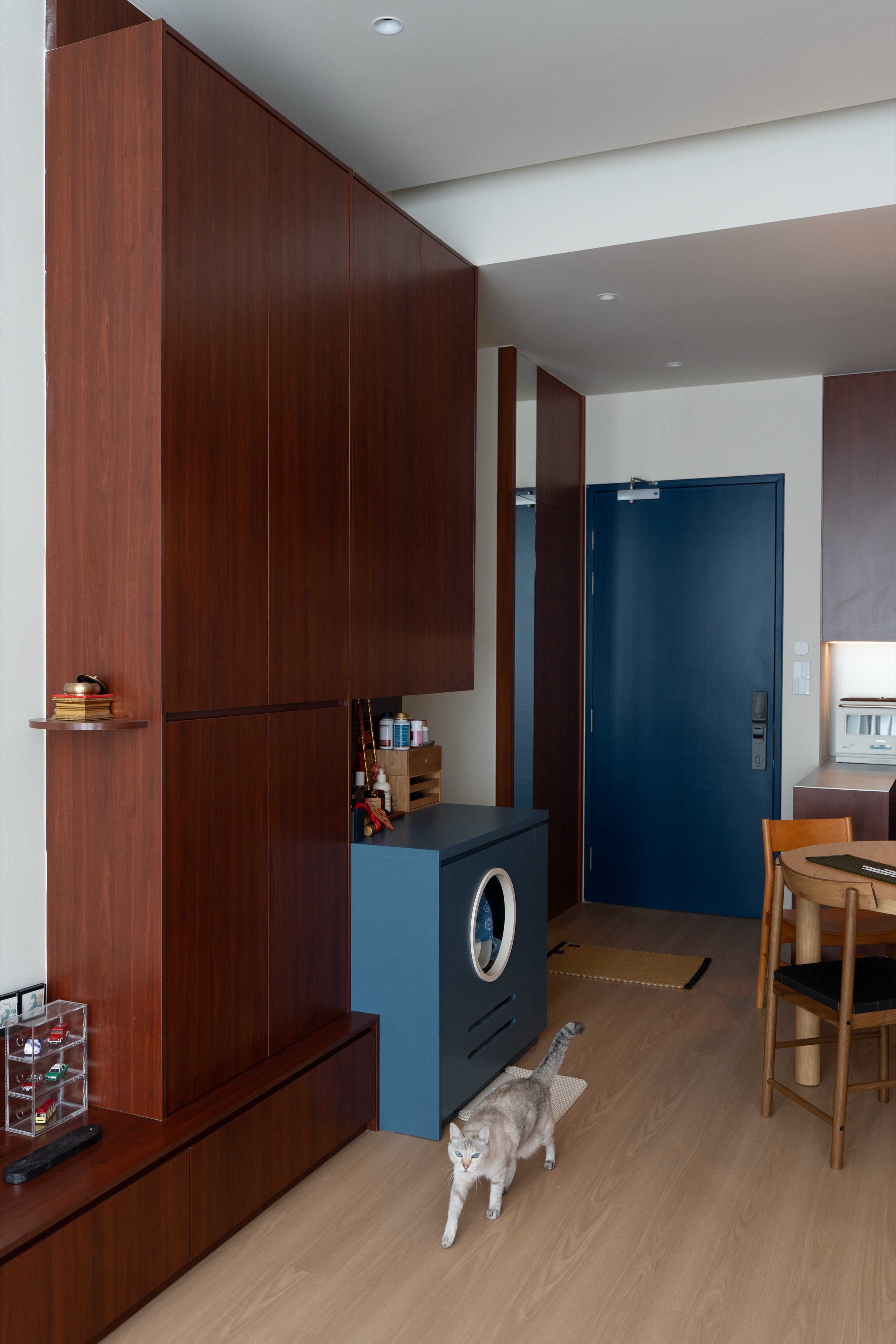 Cherry storage wall, navy front door and a cat beside the litter cabinet at the entrance