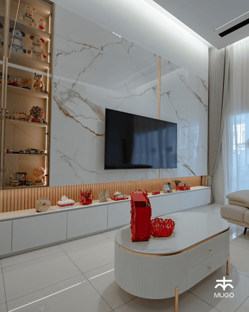 Living hall with a marble TV wall and lit display cabinet, landed home in Semanja, Kajang