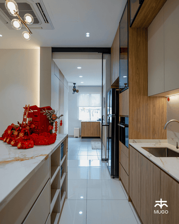 Dry kitchen with tall wood-grain cabinets and built-in oven, leading to the wet kitchen, Semanja, Kajang