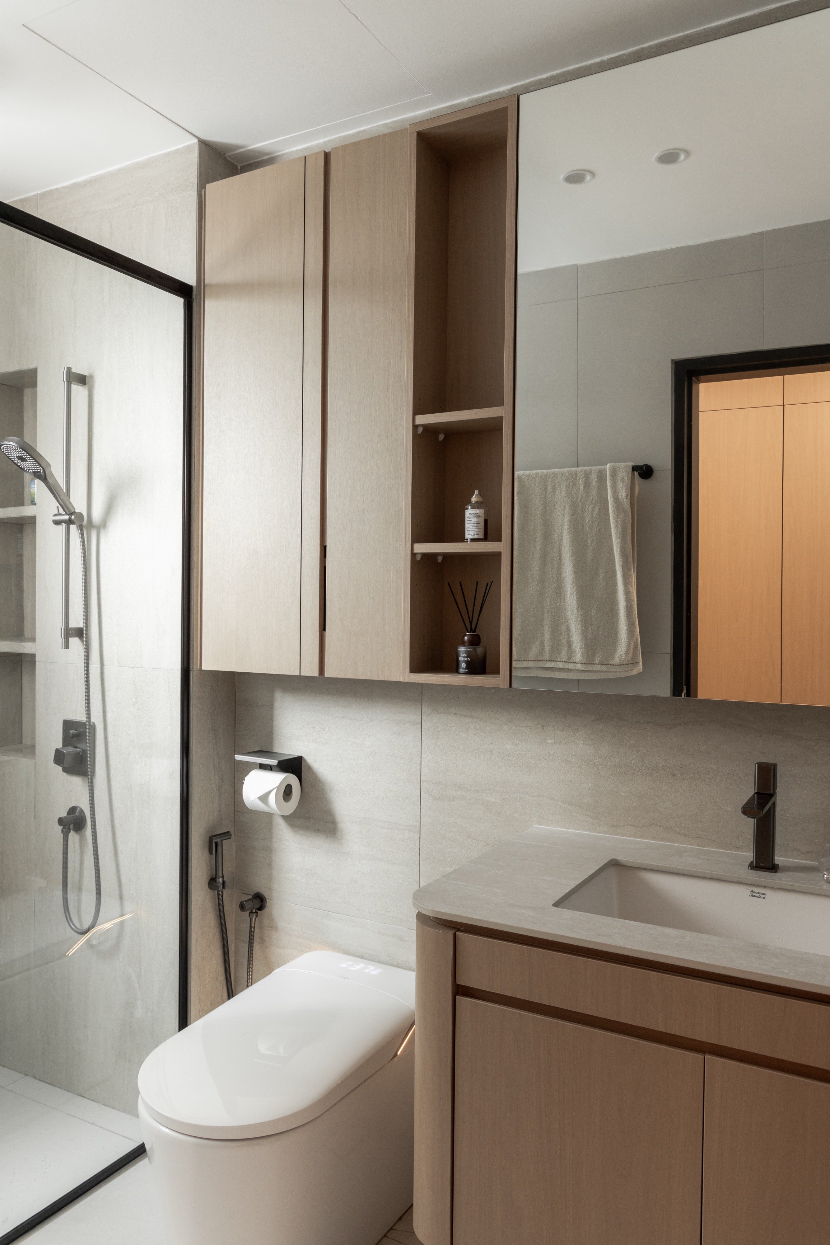 Bathroom vanity with mirror cabinet and open shelving