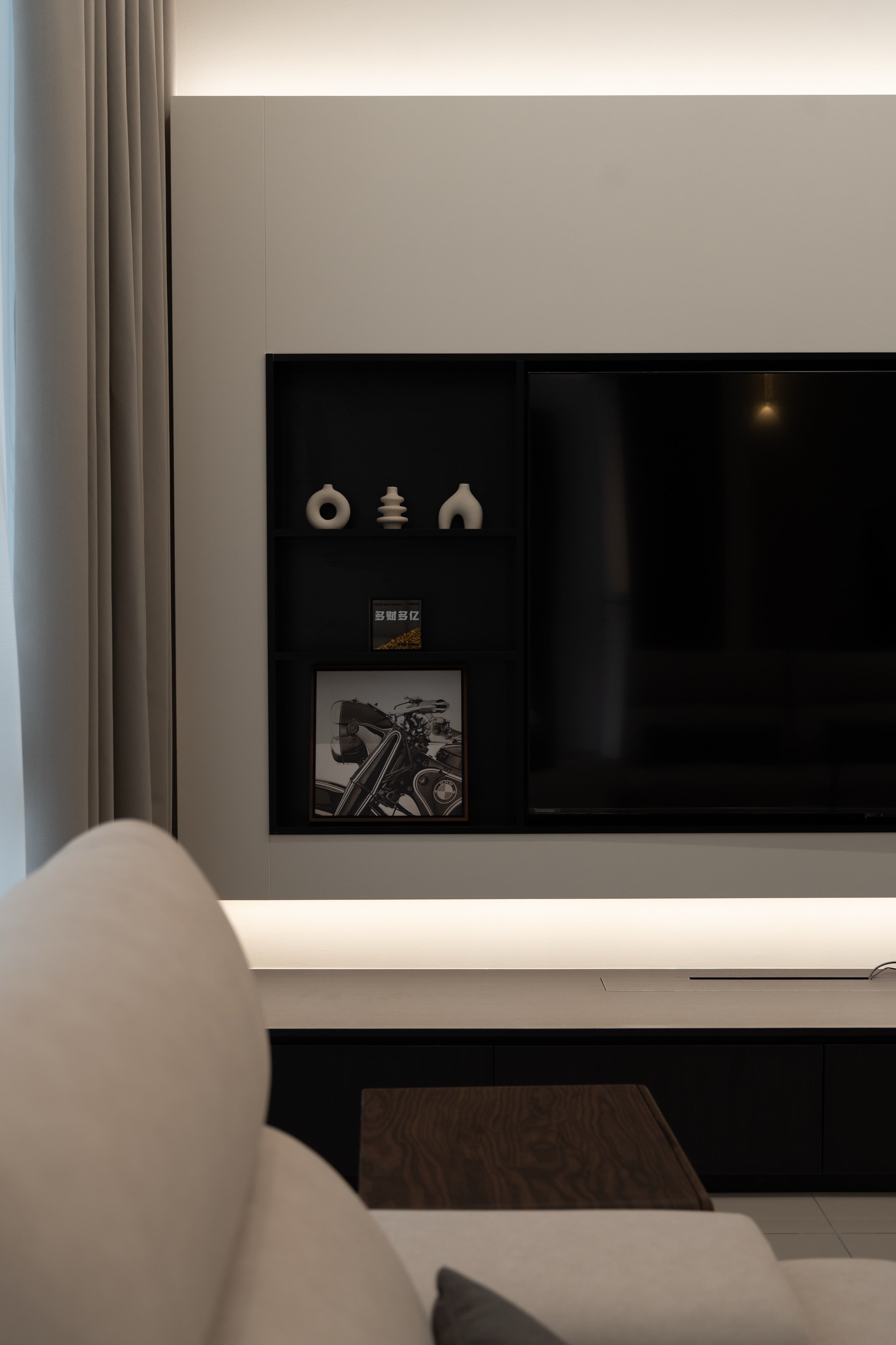 TV wall display niche detail with backlit console, Dahlia Bukit Puchong