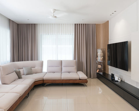 White panelled living hall with timber band and TV wall, landed home interior design Hulu Langat