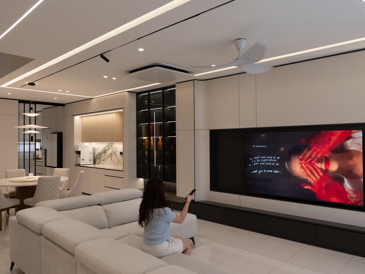 Family living hall with TV feature wall, 3 storey home Puchong