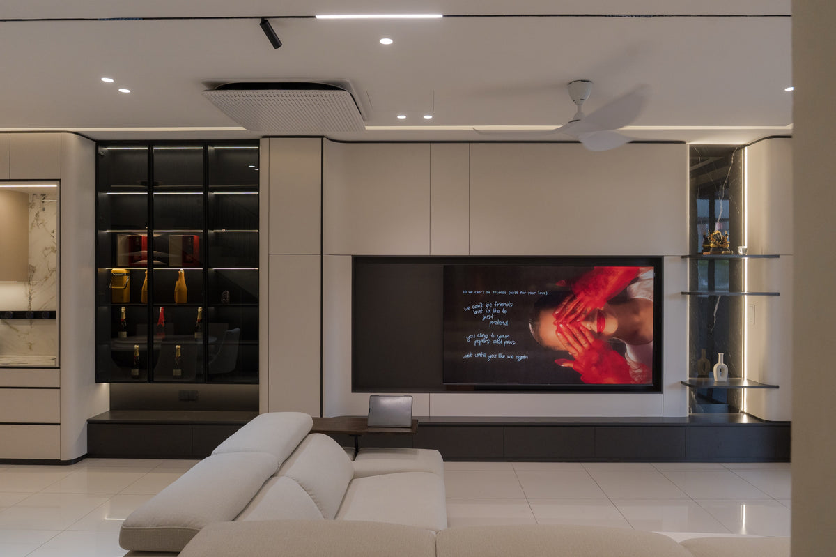 TV feature wall with display cabinets, landed home interior design Puchong